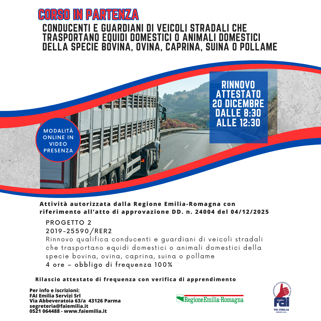 Corso in partenza: conducenti e traporto animali vivi