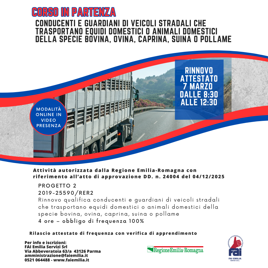 Corso trasporti animali vivi rinnovo 7 marzo 2026