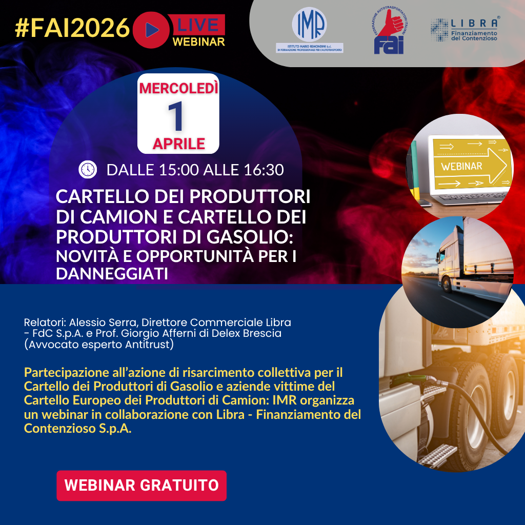 Webinar gratuito "Cartello dei produttori di camion e di gasolio": 1 aprile 2026